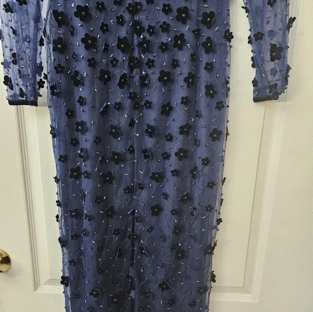 Mac Duggal Navy Embellished V Neck Illusion Long Sleeve Column Midi SZ 4 NWT - Picture 10 of 11